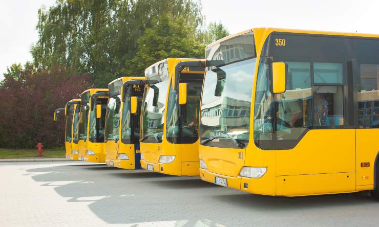 Cinque autobus di colore giallo messi in fila